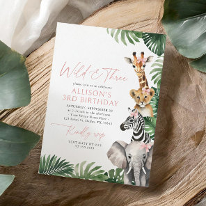 Wild and Three Safari Animals Girl 3rd Birthday Invitation