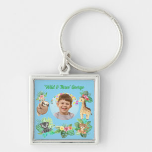 Wild and Three Safari Baby Animals Photo Birthday Keychain