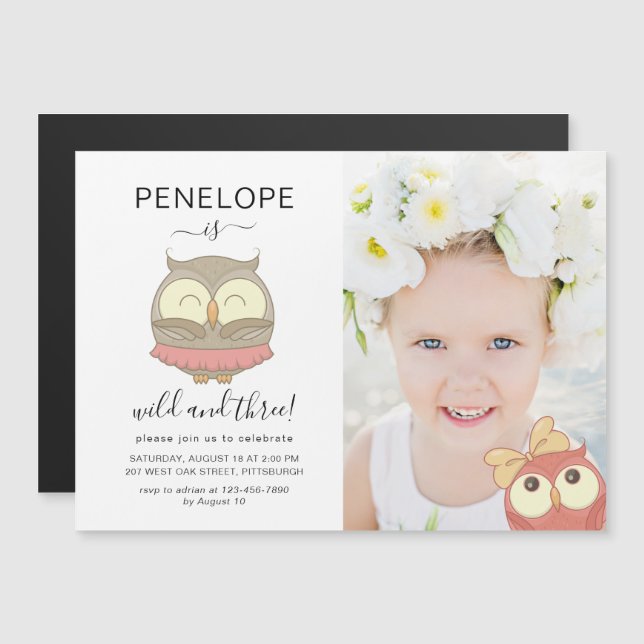 Wild and Three Whimsical Owls Photo Birthday Party Magnetic Invitation (Front/Back)