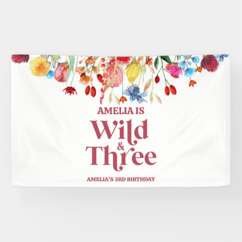 Wild and Three Wildflower Third 3rd Birthday Party Banner