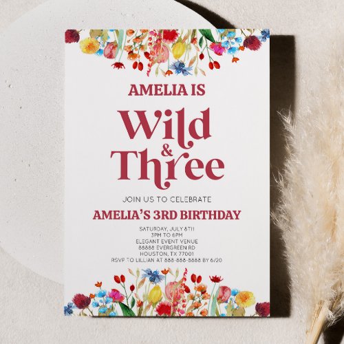 Wild and Three Wildflower Third 3rd Birthday Party Invitation