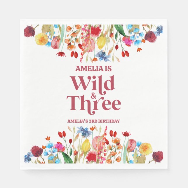 Wild and Three Wildflower Third 3rd Birthday Party Napkins (Front)