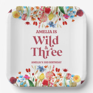 Wild and Three Wildflower Third 3rd Birthday Party Paper Plates