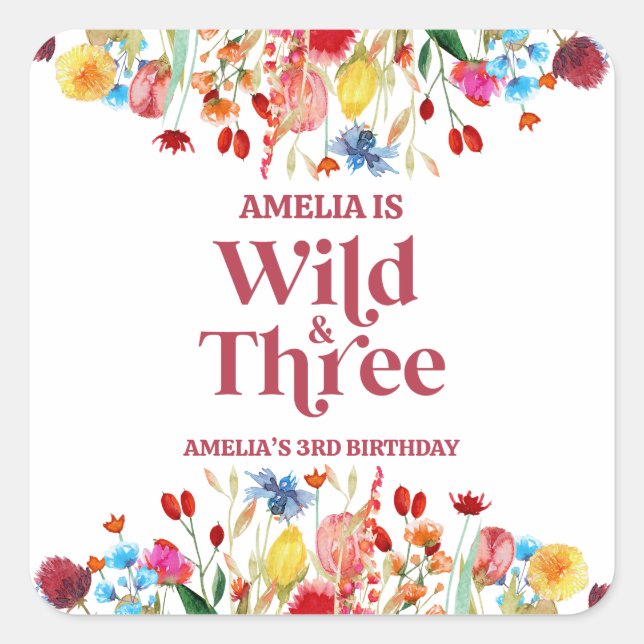 Wild and Three Wildflower Third 3rd Birthday Party Square Sticker (Front)