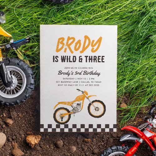 Wild and Three Yellow Dirt Bike Boy 3rd Birthday Invitation