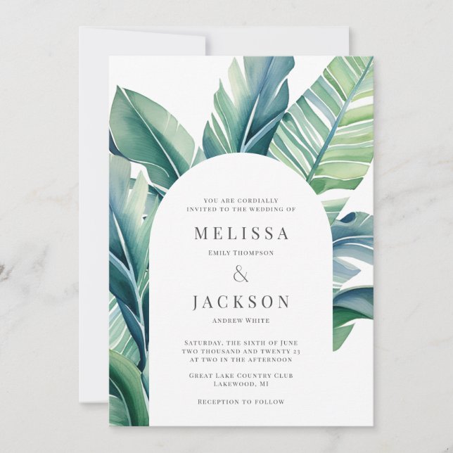 Wild and Tropical Leaves Exotic Foliage Arch Invitation (Front)