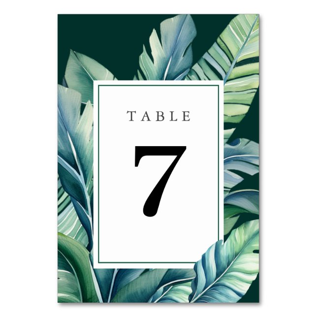 Wild and Tropical Leaves Exotic Foliage Green Table Number (Front)