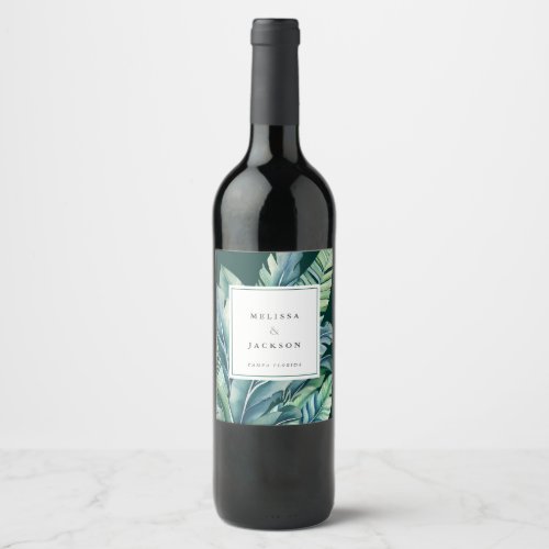 Wild and Tropical Leaves Exotic Foliage Green Wine Label