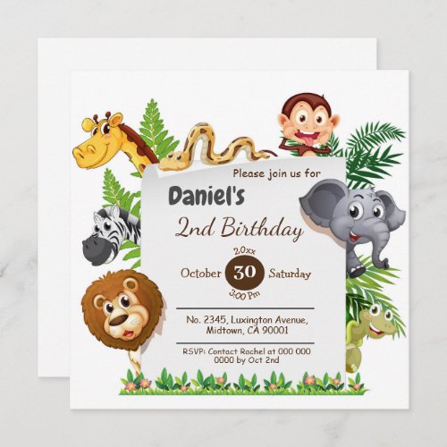 Wild animal adventure themed colorful 2nd birthday invitation