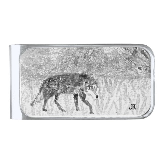Wild Animal Art Grey Wolf Initialled Silver Finish Money Clip (Front)