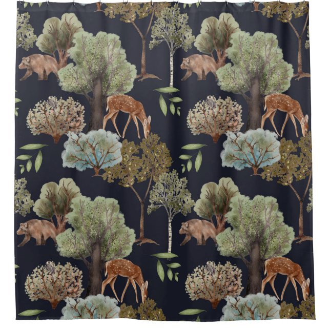 Wild Animal Bear Deer Pattern Shower Curtain (Front)