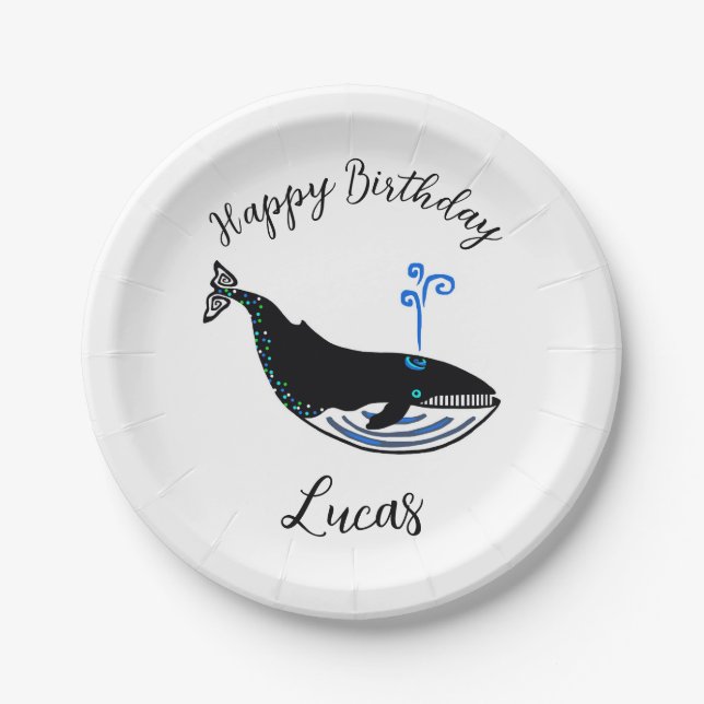 Wild animal - Blue WHALE - Happy Birthday- Party Paper Plates (Front)