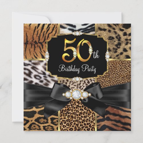 Wild Animal Gold black Diamond 50th Birthday party Invitation