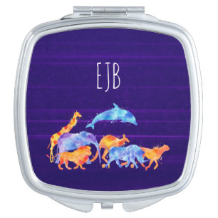 Wild Animal Group Colorful Watercolor Monogram Vanity Mirror