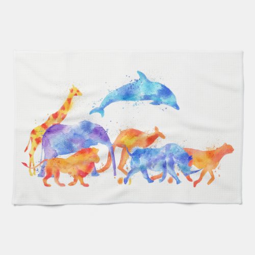 Wild Animal Group Colorful Watercolor Towel