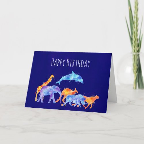 Wild Animal Herd Colorful Watercolor Birthday Card