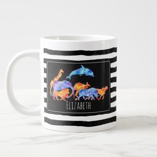 Wild Animal Herd Colorful Watercolor Giant Coffee Mug