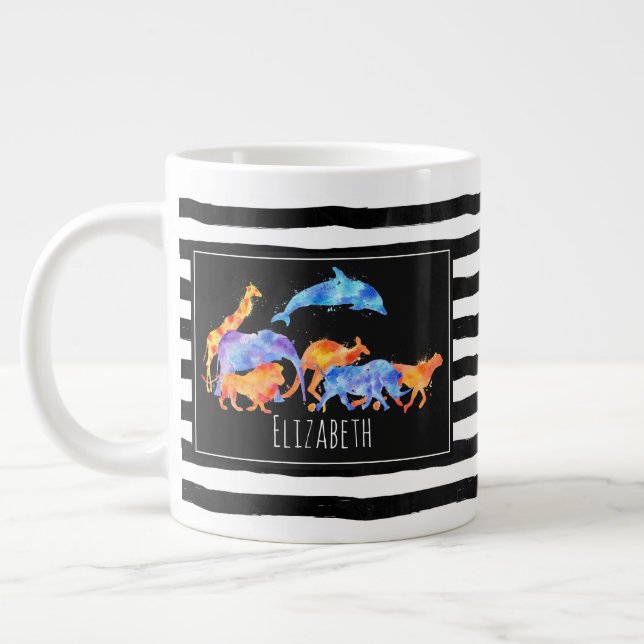 Wild Animal Herd Colorful Watercolor Giant Coffee Mug (Left)
