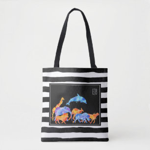Wild Animal Herd Colorful Watercolor Monogram Tote Bag