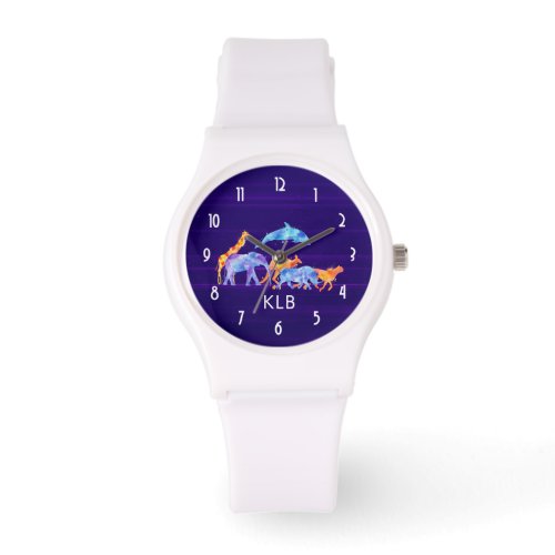 Wild Animal Herd on Purple Abstract Monogram Watch