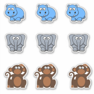 Wild Animal Hippo, Elephant, Monkey Cartoon Sticker