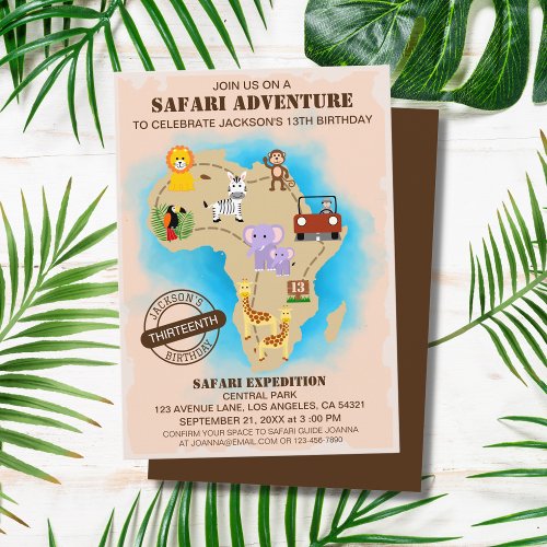 Wild Animal Jungle Safari Map Kids Birthday Invitation