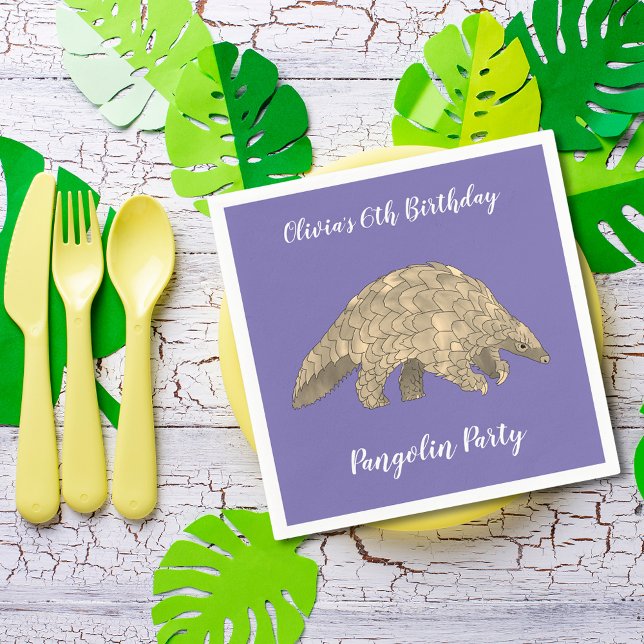 Wild Animal Pangolin 6th Birthday Party Napkins (Cute pangolin wildlife animal art 6th birthday party custom purple paper napkins )
