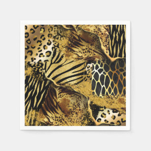 Wild animal safari skin print collage gold black napkins