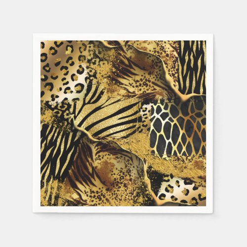 Wild animal safari skin print collage gold black napkins