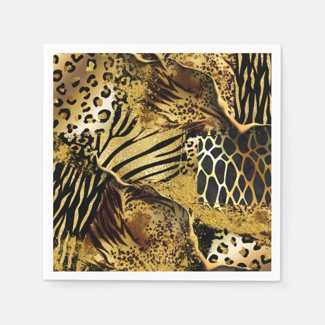 Wild animal safari skin print collage gold black napkins (Front)