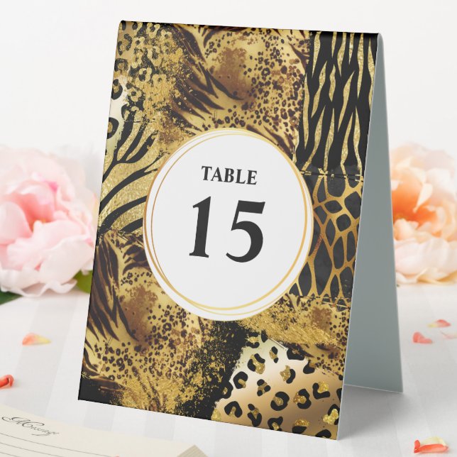 Wild animal safari skin print pattern gold black table tent (In SItu (Wedding))