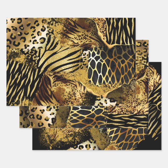 Wild animal safari skin print pattern gold black wrapping paper sheets (Set)