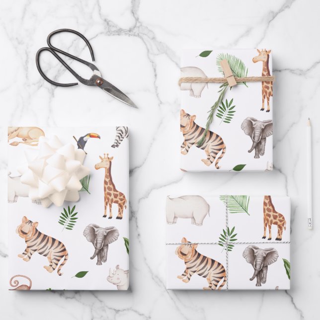 wild Animal With Jungle Tree pattern Wrapping Paper Sheets (Front)