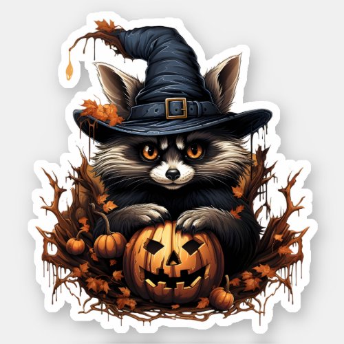 Wild Animal With Pumpkin Cartoon Halloween Raccoon Sticker