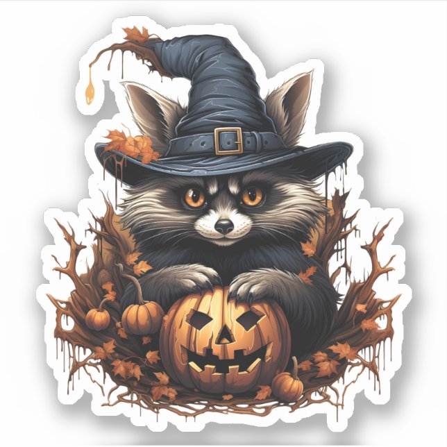 Wild Animal With Pumpkin Cartoon Halloween Raccoon Sticker (Front)