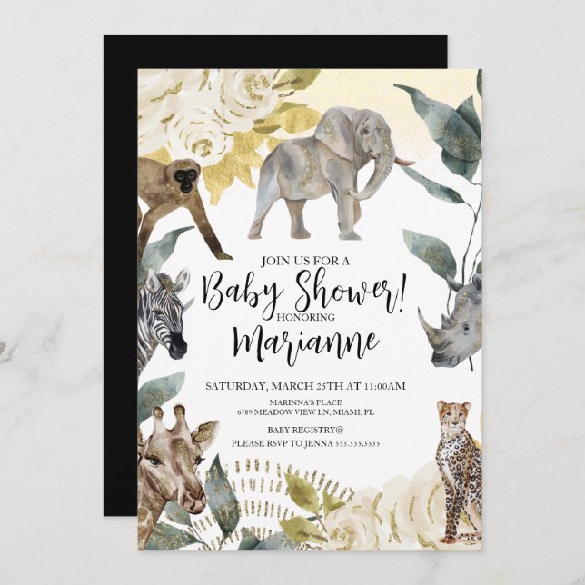 Wild Animals Baby Shower Faux Gold Glitter Invitation (Front/Back)
