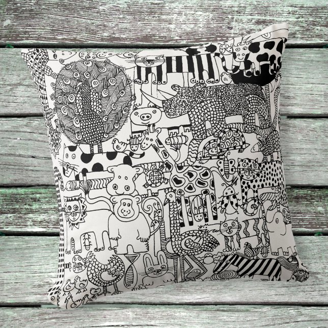 Wild Animals Black and White Safari Illustrative Throw Pillow (Creator Uploaded)