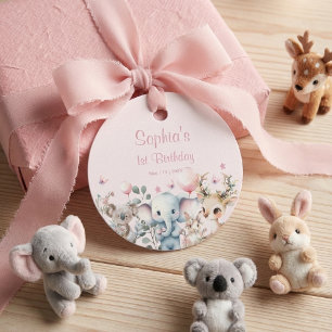 Wild Animals Cute Pink Watercolor Girl Birthday  Favor Tags