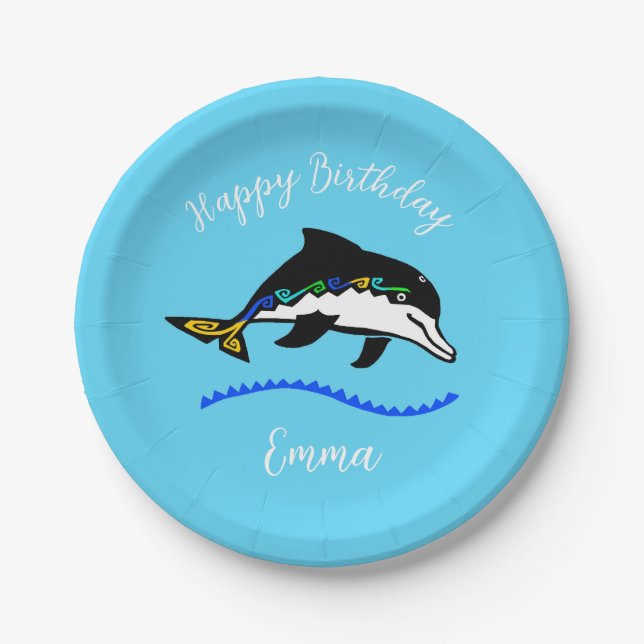 Wild animals - DOLPHIN - Happy Birthday- Blue  Paper Plates (Front)