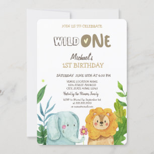 Wild Animals Elephant Lion Leaves 1st Birthday Invitation