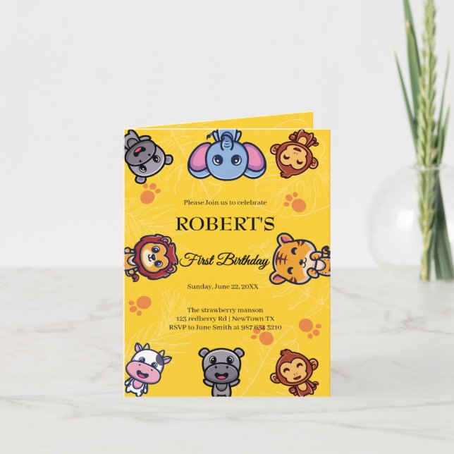 wild animals first birthday invitation (Front)