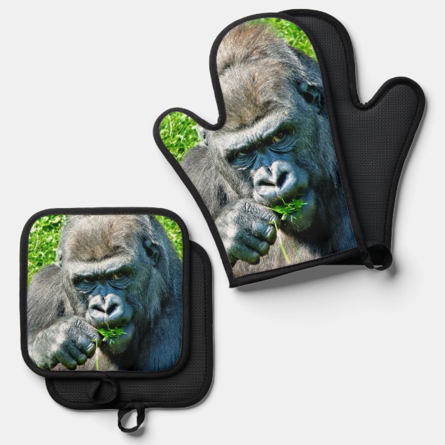 WILD ANIMALS - GORILLAS OVEN MITT & POT HOLDER SET (Front/Back)