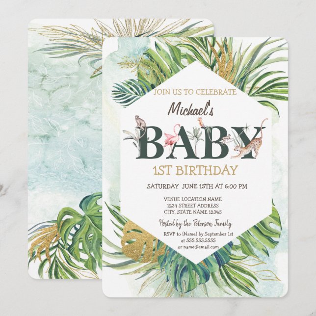 Wild Animals Greneery Palm Leaves 1st Birthday  Invitation (Front/Back)
