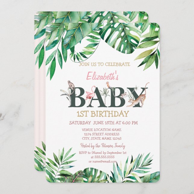 Wild Animals Greneery Striped Birthday   Invitation (Front/Back)