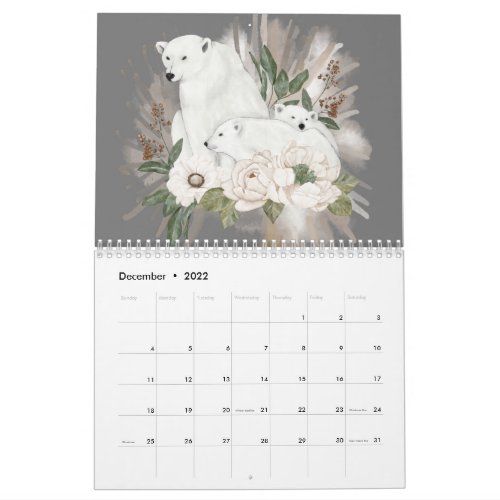 Wild Animals Grey Floral Winter Watercolor Calendar