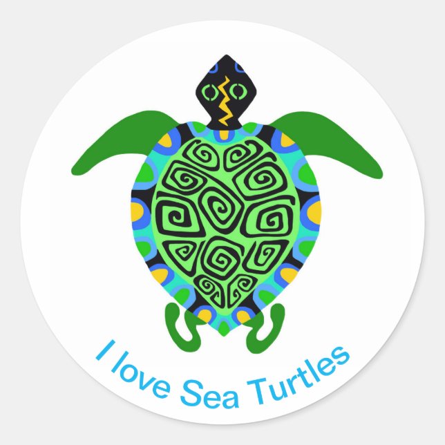 Wild animals - I love Sea TURTLE -Nature -aqua Classic Round Sticker (Front)