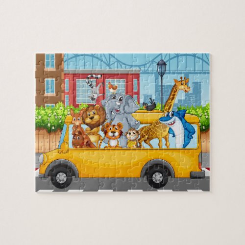 Wild animals in school bus jigsaw puzzle