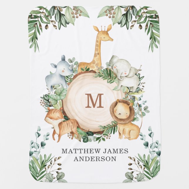 Wild Animals Jungle Safari Greenery Baby Nursery Blanket (Front)