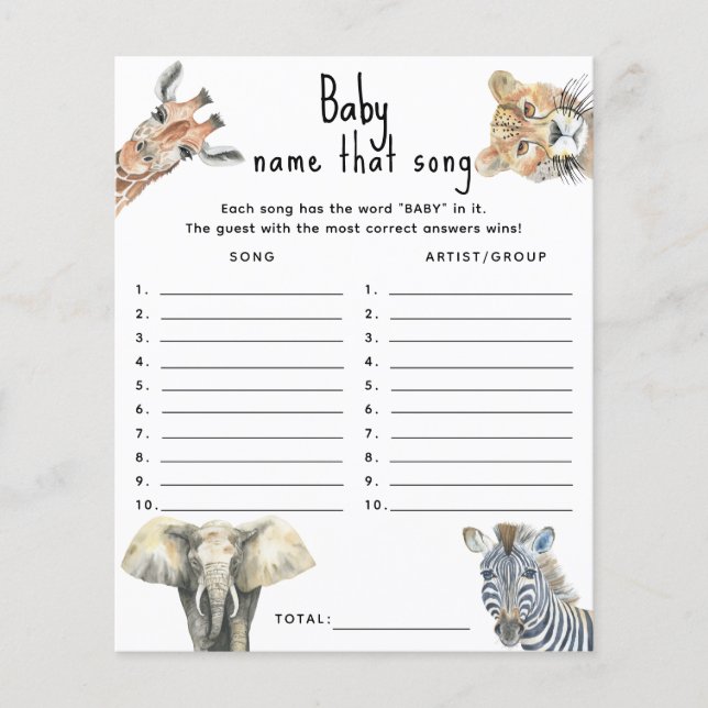 Wild animals - Name that song baby shower game (Front)
