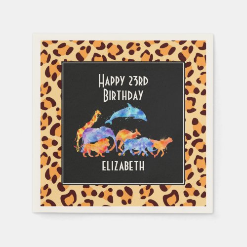 Wild Animals on a Leopard Print Pattern Birthday Paper Napkins